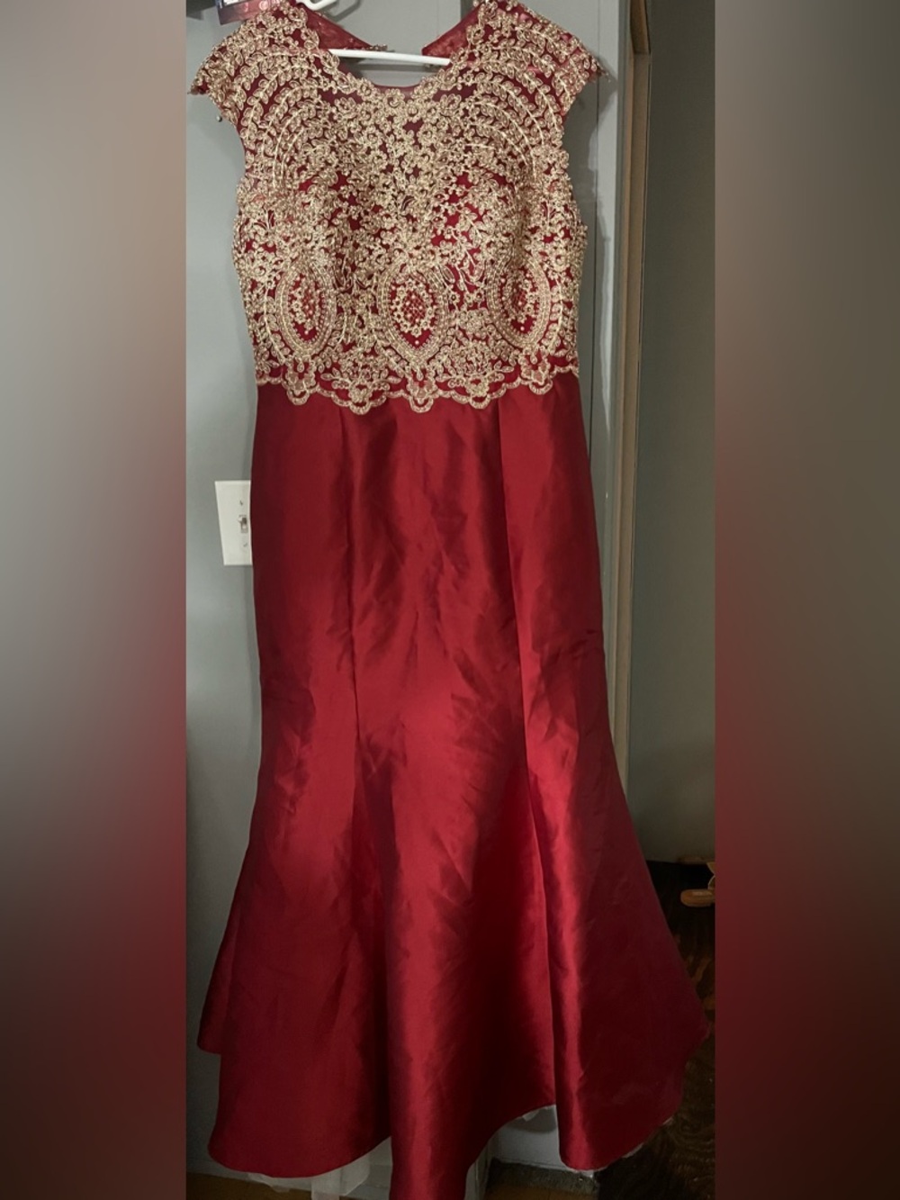 Red Satin Evening Gown with Gold Embellished Bodice